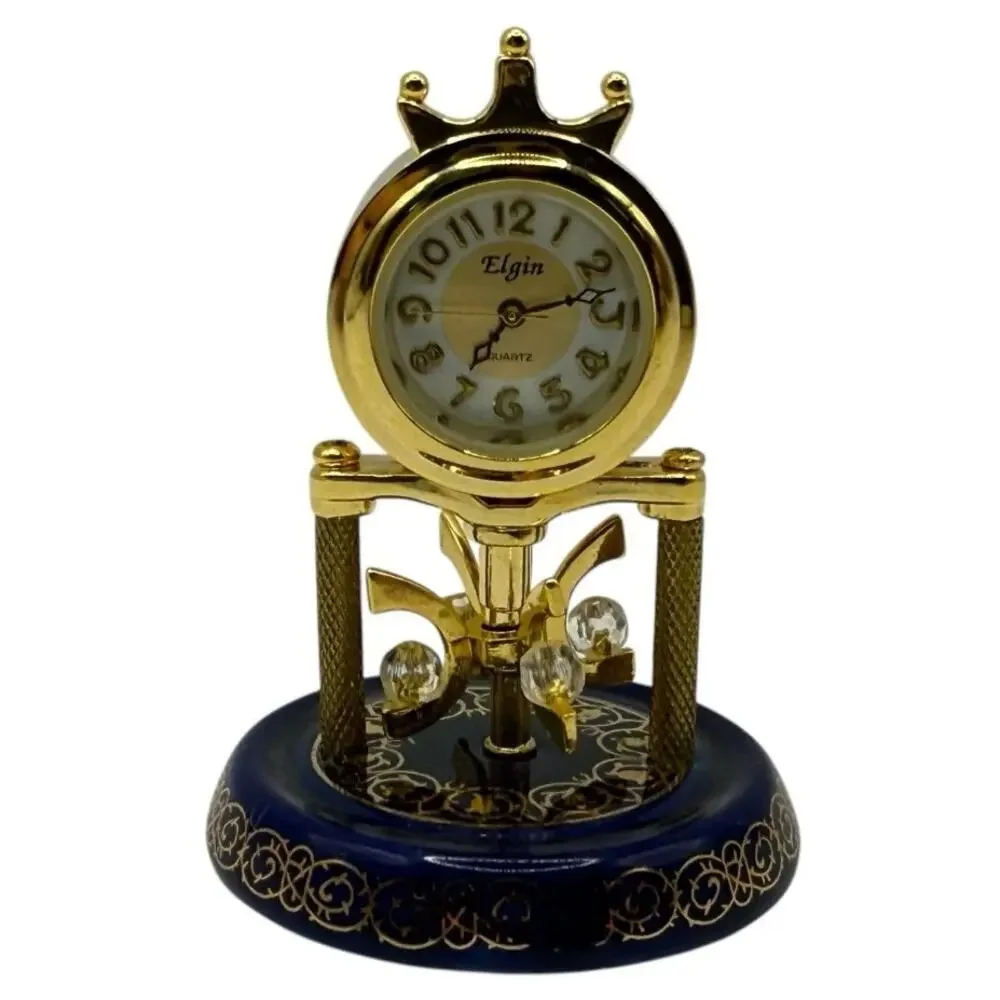 Vtg  Elgin Miniature Blue & Gold Enamel Dome Quartz Anniversary Clock - Picture 4 of 5